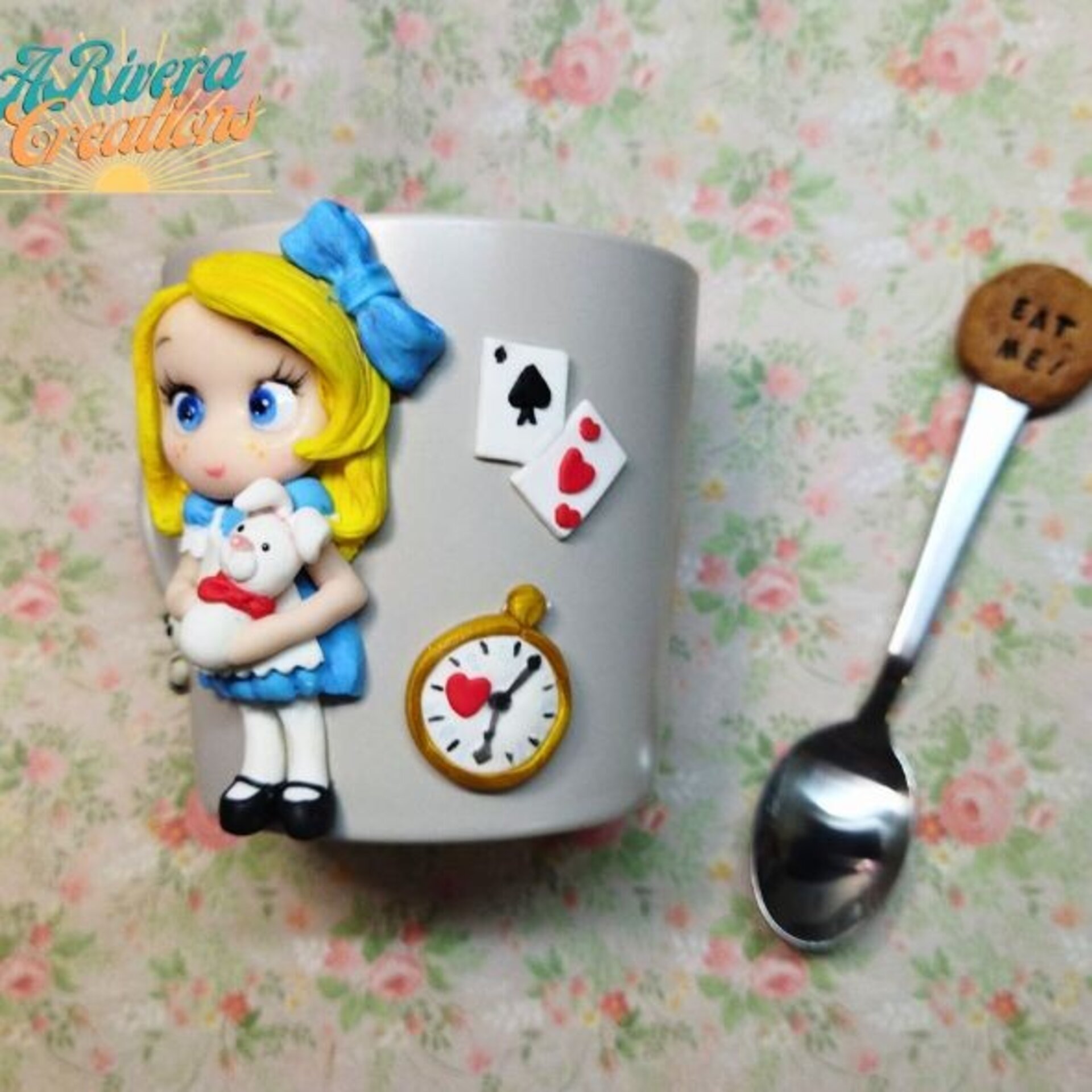 TAZA ALICIA EN EL PAÍS DE LAS MARAVILLAS, TAZA DECORADA CON ALICIA, CUCHARIILA - 3